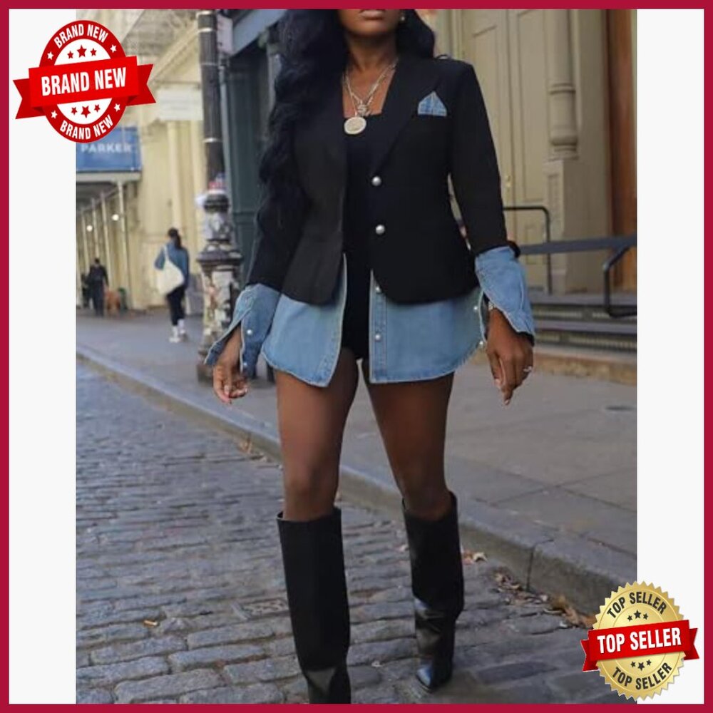 Women's Denim Patchwork Blazer Jacket Long Sleeve… - image 6